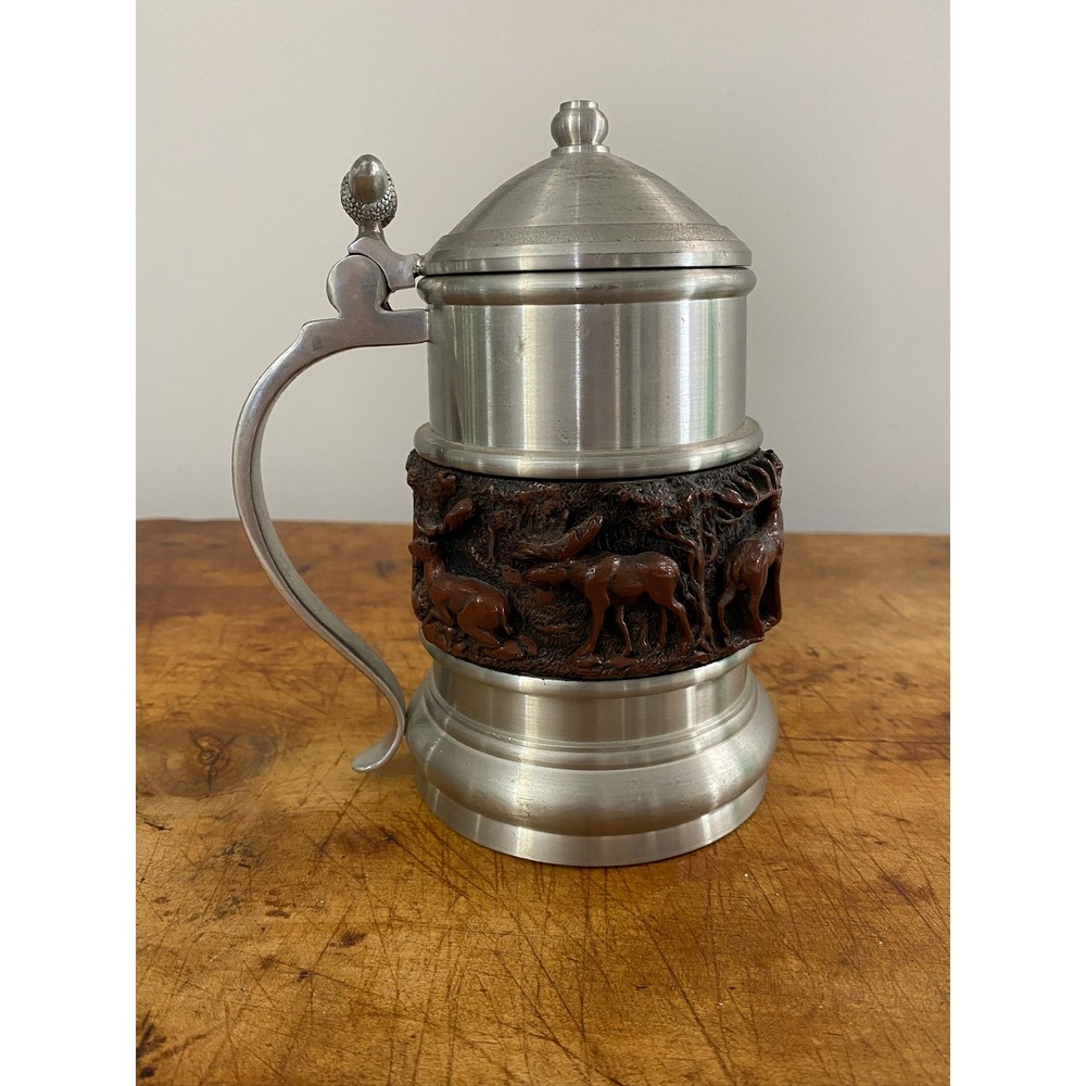 Vintage‎ Erawan Thailand Pewter Lidded Beer Stein Moose Elk Woodland Hunting Mug